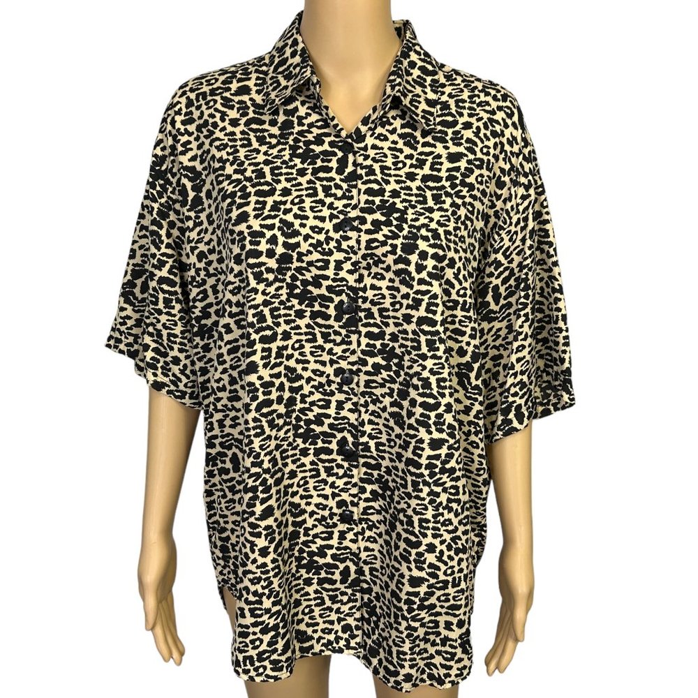 Prianka's Collection Womens L Leopard‎ Print Button Up Short Sleeve Blouse Shirt